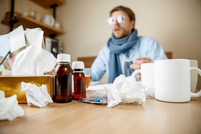 Sick man while working in office, businessman caught cold, seasonal flu.